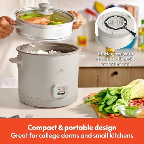 bella 16 Cup Rice Cooker with Steamer, Dishwasher Safe Steaming Basket, Rice Paddle and Measuring Cup, Removable Nonstick Cooking Bowl, Automatic Keep Warm Function​, 400 Watt, Oatmilk thumbnail 8
