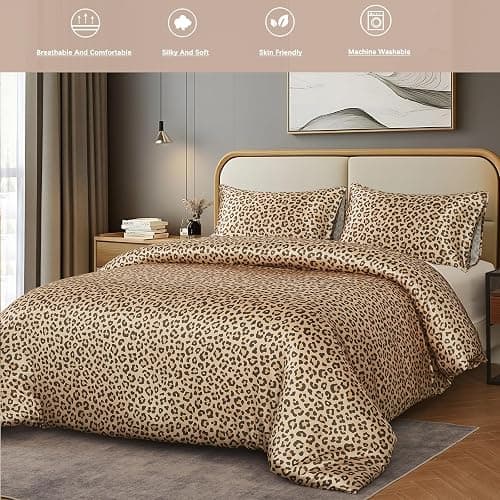 DuShow Satin Double Duvet Cover And 2 Pillowcases,3 Piece Satin Bedding Set,Soft Silky Cooling Duvet Cover Set, Satin Bed Sheets Double-Golden Leopard thumbnail 2