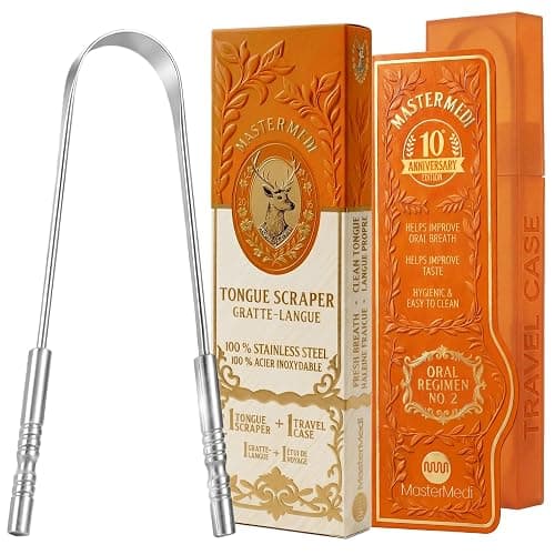 MasterMedi Tongue Scraper with Travel Case 1 Pack, Bad Breath Treatment Tongue Scraper for Adults & Kids, Stainless Steel Metal Tongue Scraper, Easy to Use Tongue Cleaner for Hygiene and Self Care - Image 1
