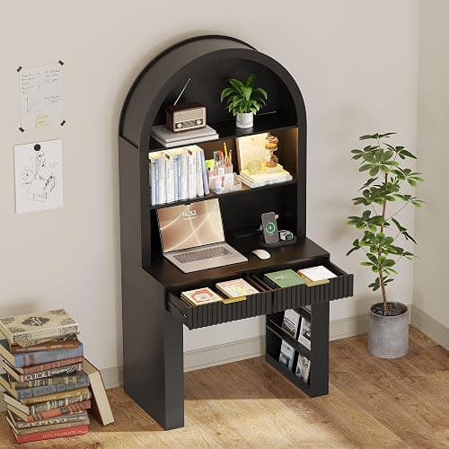 ZKIODV Arched Writing Desk with Hutch, Home Office Desk with 2 Drawers, Secretary Desk with Outlets, 3 Color LED Lights, Open Shelves, Computer Desk for Small Space, Bedroom 35.4" W x 70.8" H (Black) thumbnail 9
