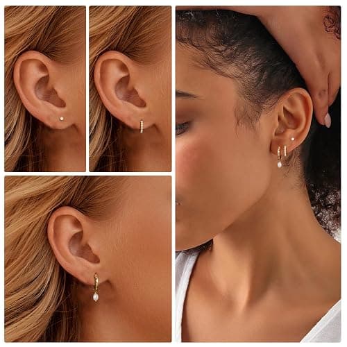 OOOPEL 3 Pairs Stackable Gold Hoop Earrings Set for Women 14K Gold Plated Earring Stacks CZ Heart Pearl Rhombus Bow Four Leaf Star Huggie Earrings for Women Trendy Jewelry thumbnail 5