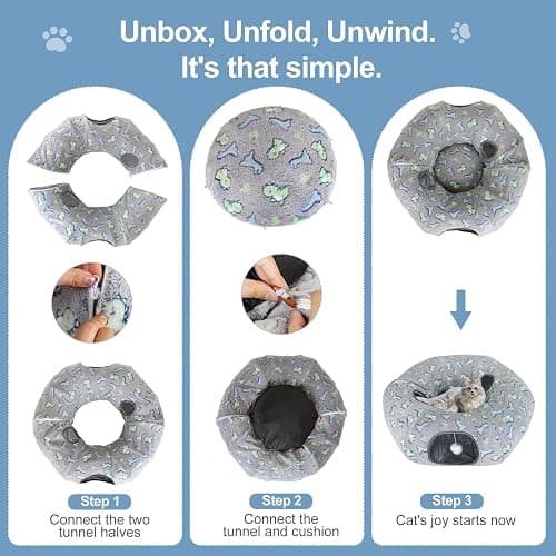 Cat Tunnel Bed, Foldable Cat Donut Tunnel with Removable Cushion & Toy Ball, Stress Relief Fun, Round Pet Play Tunnel for Indoor Cats, Kittens and Small Pets (3D Dinosaur Pattern) thumbnail 7