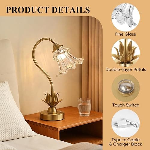 Cordless Flower Table Lamp with Glass Lampshade, 5200mAh Rechargeable Battery, 3-Color Dimmable Touch Control, Portable Desk Lamp for Nightstand, Patio, Camping, Restaurant & Home, Transparent thumbnail 6