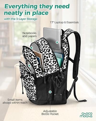 Choco Mocha Snow Leopard Backpack for Teen Girls, Travel School Backpack for Girls Middle School Large Bookbag 18 Inch, Black thumbnail 3