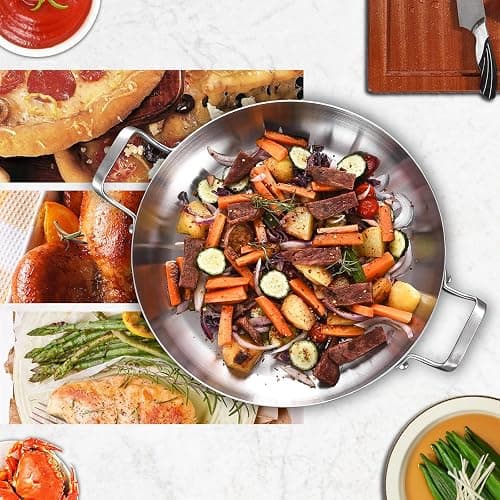 Inqibee 14 Inch Tri-Ply Stainless Steel Paella Pan with Lid,Large Skillet,Omelet,Griddle,Induction Cooking Pan,Dishwasher and Oven Safe. thumbnail 6
