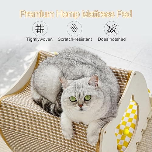 VARMTOR Cat House Indoor, Cat Cave, Modern Kitten Bed with Scratch Pad and Fluffy Ball, Wooden Frame with Cushion and Curtains (M, Double-Layer) thumbnail 3