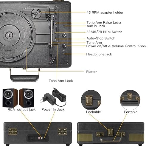 Retrolife Record Player 3 Speed Bluetooth Portable Suitcase Vinyl Player with Built-in Speakers Turntable Enhanced Audio Sound PU Leather Vintage thumbnail 4