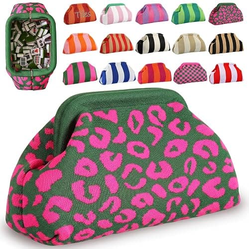 Sunnymove Mahjong Tile Bag Green Pink Leopard Print | Mahjong Woven Clutch Bag, Mahjong Storage, Woven Clutch for Vacation, Summer Beach Evening Purse for Women - Image 1