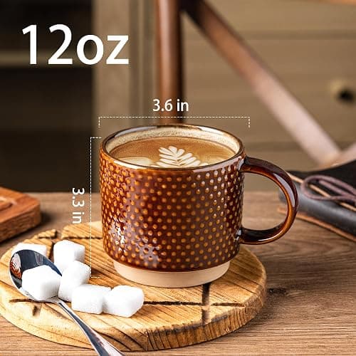 GBHOME 12 OZ Stackable Coffee Mugs, Ceramic Coffee Cups with Texture Patterns for Man,Woman,Dad,Mom, Modern Coffee Mugs Set of 4 for Latte/Cappuccino/Cocoa. Dishwasher&Microwave Safe - Caramel - 12oz thumbnail 2