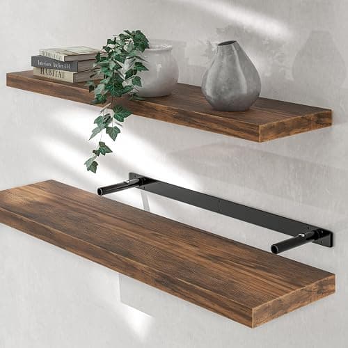 CASARIA® Set of 2 90cmx23cm Dark Oak Floating Shelf Including Bracket | Wall Shelving Living Room Kitchen Bedroom Office | 38mm Thick | Hidden Wall Fixing | 15kg Capacity MDF thumbnail 2