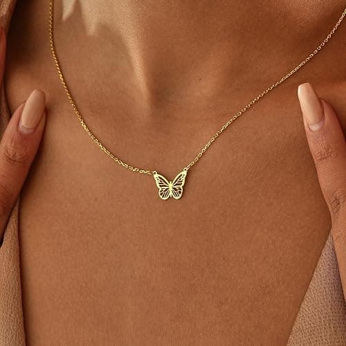 GUOKE 14K Gold Plated Dainty Pendant Butterfly Bead Boot Bee Baseball Flower Compass Airplane Hummingbird Tree Necklace Simple Jewelry Gift for Women thumbnail 2
