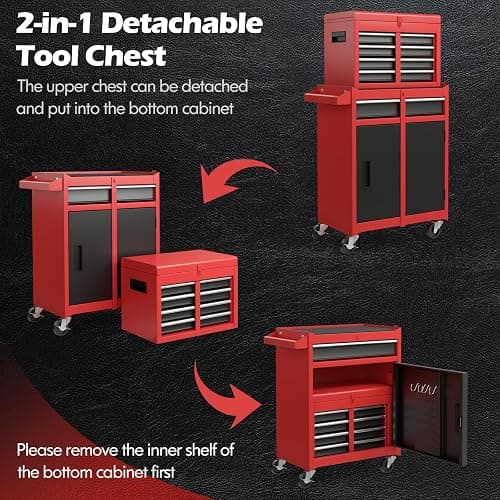 IRONMAX Rolling Tool Chest, Lockable 5-Drawer Tool Cabinet w/Side Slot & Universal Wheels, 2 in 1 Detachable Tool Box Storage Organizer for Garage Workshop Auto Shop thumbnail 3