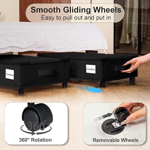 Vincona Under Bed Storage with Wheels, 2 Pack Under Bed Storage Containers with Label Holders for Clothes, Shoes and Blankets, Rolling Underbed Shoe Organizer with Cover, Black (23.6 x 15.7 x 7.28 in) thumbnail 4