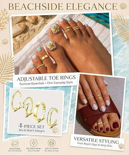 TOSGMY 4Pcs Toe Rings for Women Non Tarnish 14K Gold Filled Toe Ring Adjustable Flower CZ Band Wave Dainty Toe Ring Summer Beach Open Toe Rings Set Waterproof Toe Jewelry Foot Jewelry thumbnail 4