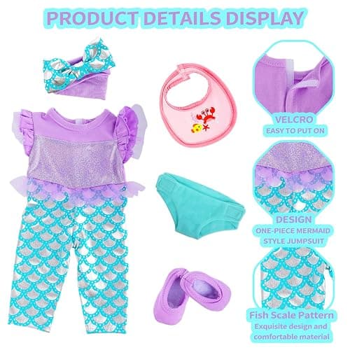 18INDC Baby Doll Clothes 16-18 Inch Mermaid -Themed Baby Dolls Accessories Set - Onesie Outfit, Blanket, Headband, Diaper, Bid, Bottle and Shoes thumbnail 5