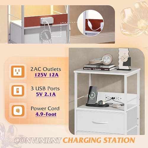 WLIVE White Night Stand with Charging Station, LED Nightstand with 2 Fabric Drawers and Storage Shelf, Dorm Bedside Table End Table with 2 USB Ports and Outlets, Small Dresser for Bedroom thumbnail 5