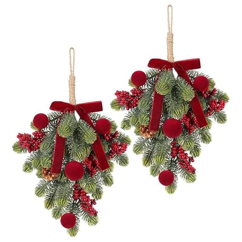 Super Holiday Christmas Decorations, 2PCS Artificial Green Plant Front Door Wreaths Hanging Decoration with Velvet Bow/Ball/Berry, for Winter Home Indoor Outdoor Wall Holiday Decor.(Burgundy) - Image 1