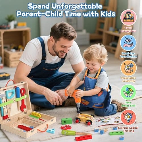 TONZE Wooden Kids Tool Set with Drill, Montessori Toys for 3 Year Old Boys | 44 Pcs with Apron & Box Easy Storage STEM Tool Set for Pretend & Fine Motor Skills Birthday Gifts for 3 4 5 Year Old Boy Girl thumbnail 6