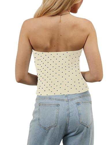 TERIVEEK Women Strapless Reversible Foldover Tube Top Y2K Floral Print Graphic Crop Bandeau Tops Sleeveless Slim Fit Shirt thumbnail 2