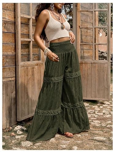 WDIRARA Women's Smocked Wide Leg Boho Pants | Tiered, Textured, High Waisted, Bohemia thumbnail 6