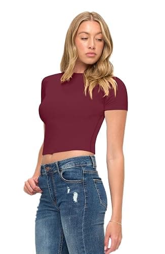 Natural Uniforms Womens Super Soft, Super Stretch Y2K Short Sleeve Baby Tee Crop Top - Burgundy - Small thumbnail 4