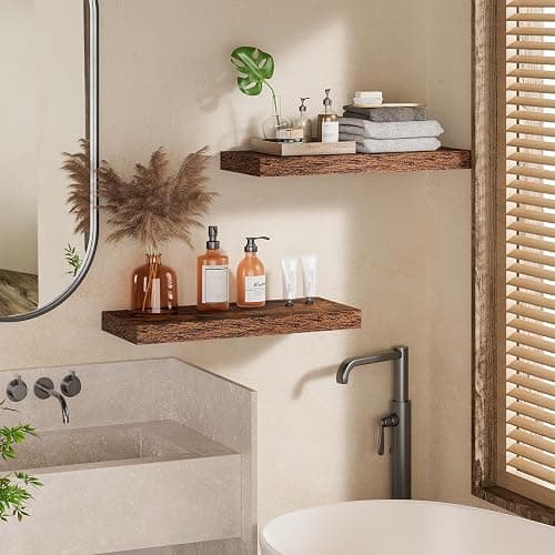 Feihorrm Floating Shelves, Wall Shelf Set of 2, 40cm Rustic Shelves, 16.5cm Deep Wall Shelf, MDF Wooden Shelving for Bathroom, Bedroom, Living Room and Kitchen, Vintage Brown, 40 x 16.5 x 3.1 cm thumbnail 6