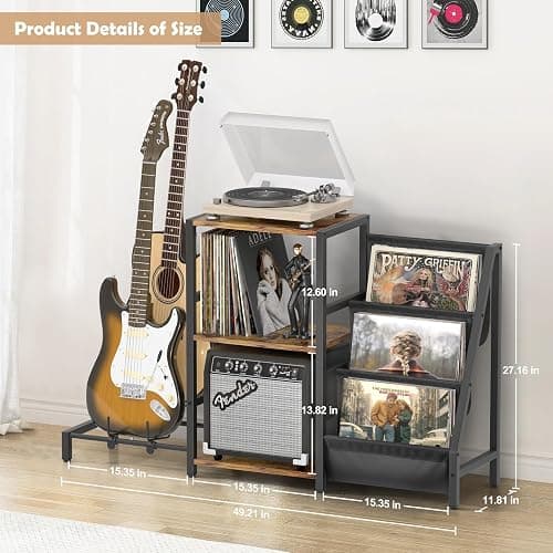 Bikoney Record Player Stand, Guitar Stand for Acoustic, Electric Guitar, Bass with Amp Stand, 3-Tier Vinyl Record Storage Up to 200 Albums, Record Player Table for Record Player, Speaker, Amplifier thumbnail 3