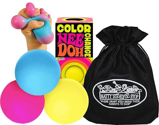 Nee-Doh Schylling Color Change Groovy Glob! Squishy, Squeezy, Stretchy Stress Balls Blue/Pink, Pink/Purple and Yellow/Orange Complete Gift Set Bundle with Matty's Toy Stop Storage Bag - 3 Pack - Image 1