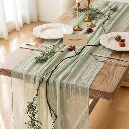Keketo Sage Green Table Runner Cheesecloth 120 Inch 10 FT Rustic Boho Cheese Cloth Table Runner for Wedding Baby Shower Bridal Shower Sheer Gauze Centerpiece Summer Home Decorations - Sage Green - 1 - Image 1