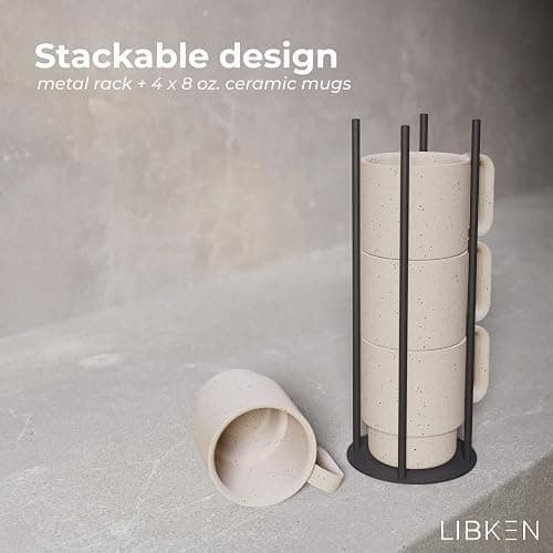 Stackable Coffee Mug Set with Black Stand - 4x8oz Ceramic Mugs with Unique Sprinkled Optics - Powder Coated Metal Rack - Dishwasher-Safe - Microwave & Oven - Scandinavian Minimal Design thumbnail 6