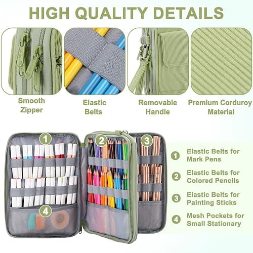VASCHY Trousse Crayon de Couleur, Grande Trousse 192 Slots en Velours Côtelé Portable Multi-Poches Feutres Stylos Aquarelle avec Anse Amovible pour Homme Femme Fille Artiste Vert Clair thumbnail 3