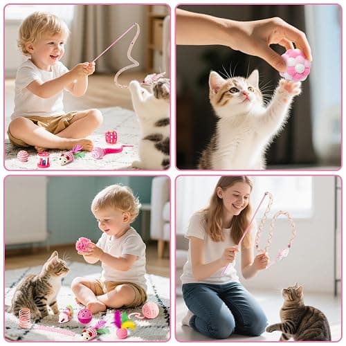 MALLMALL6 Cat Interactive Toys Set - 27Pcs Kitten Toys Stuff Pink Feather Teaser Wand Springs Mice Sisal Fish Crinkle Balls Bell Balls, Puzzle Gift Pack for Indoor Kitty Play Exercise thumbnail 4