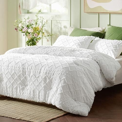 Bedsure Queen Comforter Set - White Comforter, Boho Tufted Shabby Chic Bedding Comforter Set for Kids, 3 Pieces Vintage Farmhouse Bed Set for All Seasons, Fluffy Soft Bedding Set with 2 Pillow Shams thumbnail 2