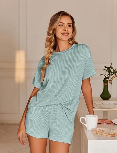Ekouaer 2 Piece Sets for Women Matching Lounge Sets Summer Outfits | Casual Loungewear, Ribbed Loose Set, Short Sleeve Shirt and Shorts, Crewneck, With Pockets thumbnail 3