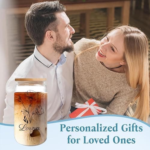 Custom Glass Cup With Birth Flower - 16 Oz Personalized Tumbler With Lid and Straws - Anniversary Birthday Gifts for Women, Bridesmaids, Mom, Girlfriend thumbnail 7