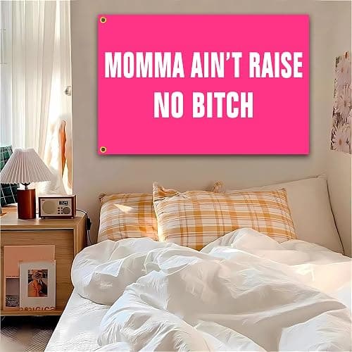 Momma Aint Raise No Bitch Flag 3x5 Ft Funny Pink Man Cave Wall Flag for Room Teen Girls Indoor Bedroom and College Dorm Wall Decor Banner Tapestry Gifts thumbnail 5