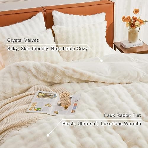 EMME Faux Fur Duvet Cover King Size, 3 Pieces Ultra Soft Fluffy Comforter Cover, Cozy Warm for Winter, Luxury Elegant Shaggy Bubble Design Bedding, 1 Duvet Cover & 2 Pillow Shams (King, Cream White) thumbnail 3
