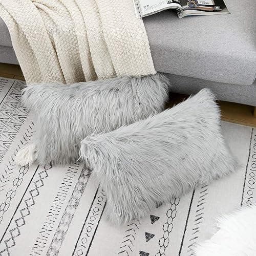 WLNUI Set of 2 Light Grey Decorative Lumbar Fluffy Pillow Covers New Luxury Series Merino Style Faux Fur Throw Pillow Covers Fuzzy Cushion Case Spring Easter Home Decor 12x20 Inch thumbnail 2
