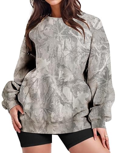 JEIBKOUY Womens Camo Sweatshirt Oversized Graphic Maple Leaf Print Crewneck Long Sleeve Y2k Trendy Fall Pullover Hoodies thumbnail 4