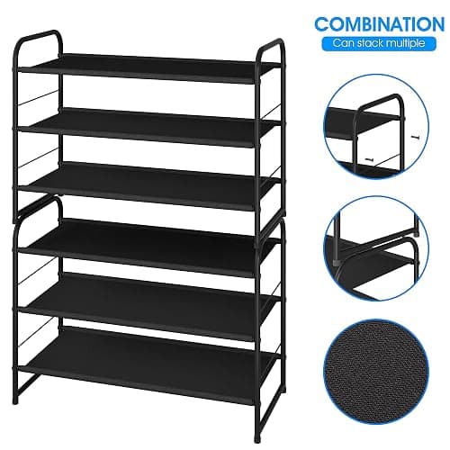 Simple Trending 3 Tier Stackable Shoe Rack, Expandable Adjustable Fabric Shoe Shelf Storage Organizer, Black thumbnail 4