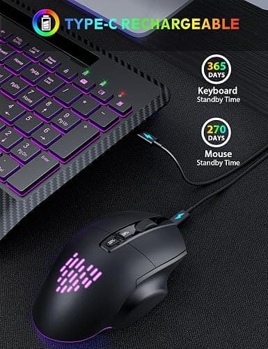 Wireless Keyboard and Mouse Backlits, Wrist Rest, LED Mouse, Rechargeable Ergonomic Keyboard with Phone Holder, Silent Light Up Combo for Computer, Mac, PC, Laptop, Chromebook (Black) thumbnail 4