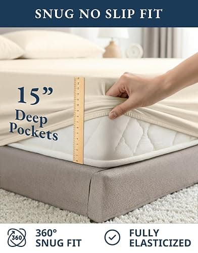 LANE LINEN 100% Organic Cotton Queen Sheets, 4Pc Cotton Sheets Set, Classic Percale Weave Bedsheets Queen Size Bed, Soft Breathable Sheet & Pillowcase Sets, Deep Pocket 15" - Natural thumbnail 6