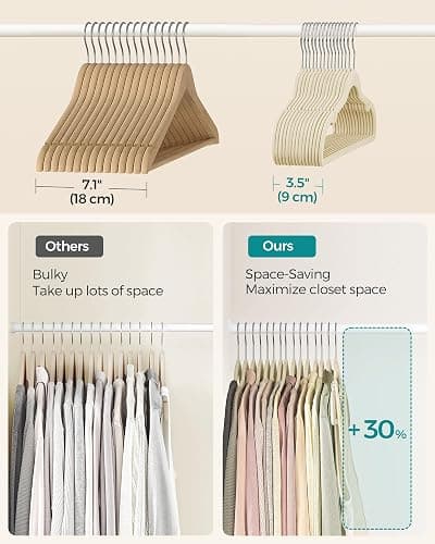 SONGMICS Velvet Hangers, Non-Slip Clothes Hangers with Shoulder Notches, Pants Bar, 360° Swivel Hook, Space-Saving, for Closet, 50 Pack, Summer Sand UCRF029K05 thumbnail 5