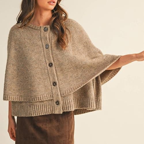 HOULENGS Women's Round Neck Shawl Cardigan Sweater Casual Button Down Cropped Knit Cape Coat Fall Trendy Sweater Jacket thumbnail 4