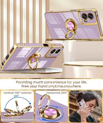 Dretal for Motorola G 5G 2024 Case, Moto G 5G 2024 Case,2X Screen Protector, 360° Rotatable Ring Holder Magnetic Kickstand,Plated Gold Edge Slim Soft TPU Protective Cover (Purple) thumbnail 4