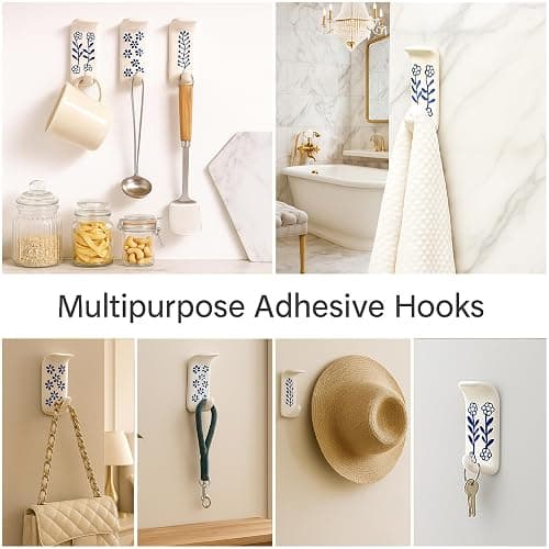 Indian Shelf 3 Hooks, 6 Strip Boho Decorative Adhesive Sticky Hooks for Wall Shower Loofah Holder No Damage Hanging Holder Drywall Hooks for Hanging Towel Hooks thumbnail 4