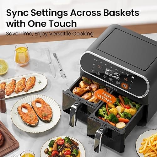 Topzee Dual Basket Air Fryer 8QT – Family Size Air Fryer with Dual Independent Zones, 8 Cooking Presets, Simultaneous Finish Mode, Viewing Windows, 90–400°F, Low-Oil Cooking, Black thumbnail 8