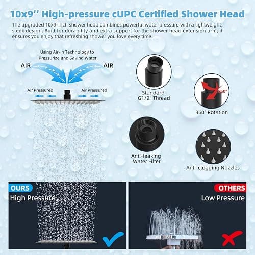 Hibbent All Metal CUPC Certified 10'' Rainfall Shower Head, Dual Shower Head Combo, High Pressure Handheld 4 Sprays Shower Wand, 16'' Adjustable Extension Arm, 71'' Hose, Shower Holder, Matte Black thumbnail 7