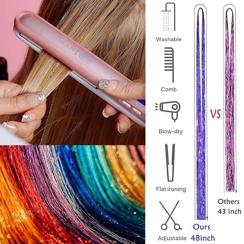 Hair Tinsel, Hair Tinsel Kit for Girls 9600 Strands Fairy Tinsel Hair Extensions Holographic Hair Tinsel Heat Resistant Colored Hair Glitter Christmas Party Festival (Dazzling Colors Series) thumbnail 6
