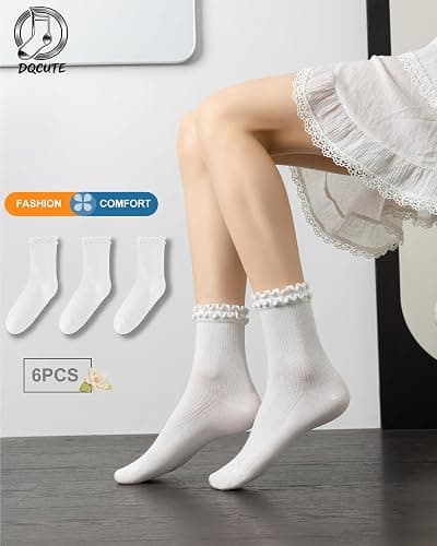 DQCUTE Women's Ruffled Ankle Boot Socks - Soft Knit Cotton Lettuce Trim Crew Socks for Teen Women 6 Pairs thumbnail 4